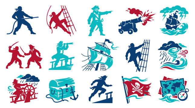 Pirate Icons Set: Ships, Treasure Chest, Map, Cannon, Jolly Roger, Storm