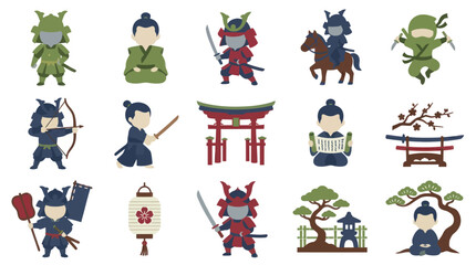 Fototapeta premium Japanese Samurai Ninja Icons Flat Art Style Vector Set