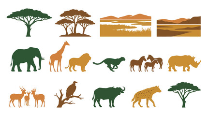 Naklejka premium African Wildlife Safari Flat Silhouette Vector Icons Set - Animals, Trees Landscapes