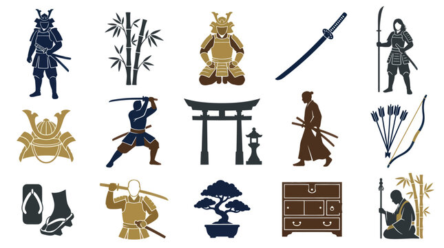 Japanese Culture  Samurai Warrior Glyph Icons Set - Traditional Asia Symbols