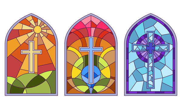 Catholic glass church frames windows vector illustrations. Medieval art chapel interior. Bright mosaic colorful glasses.