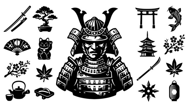 Japanese Samurai Warrior, Culture, Traditional Icons Set Black White