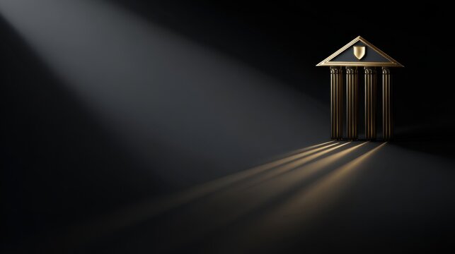 Golden Architecture Emblem Illuminated: A symbolic golden architectural emblem, illuminated by a spotlight, stands on a dark backdrop, casting elongated shadows.