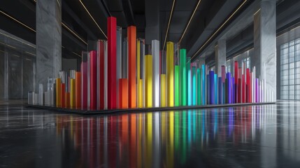 Obraz premium Vibrant Colorful Bar Graph Displaying Data Trends in Modern Office Environment with Reflective Floor and Sleek Lines