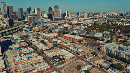 Aerial view of Dallas downtown skyline over city blocks © Viola