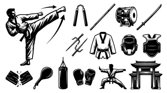 Martial Arts, Combat Sports Equipment  Fighters Black White Line Art Vector Set