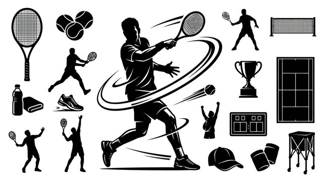 Black and White Tennis Sport Silhouettes Vector Icons Set: Players, Rackets, Balls  Court Elements