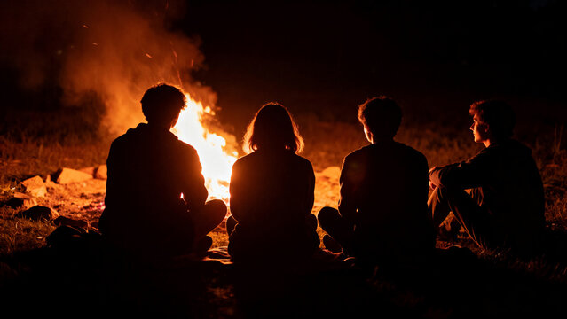 Silhouettes of friends sitting together around a large campfire in a dark field at night, festa junina