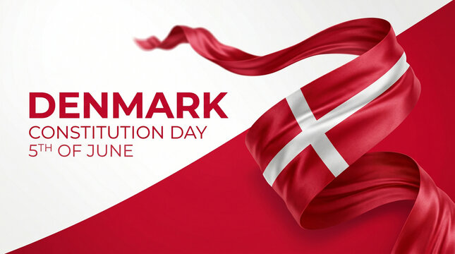 Denmark constitution day 5th of june celebration with danish flag ribbon on white and red background