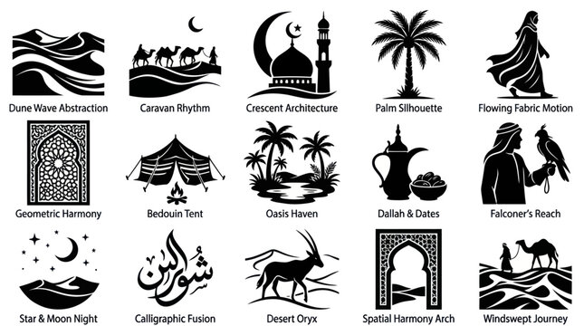 Arabian Desert Culture  Islamic Travel Icons Set - Black  White Silhouettes Glyphs