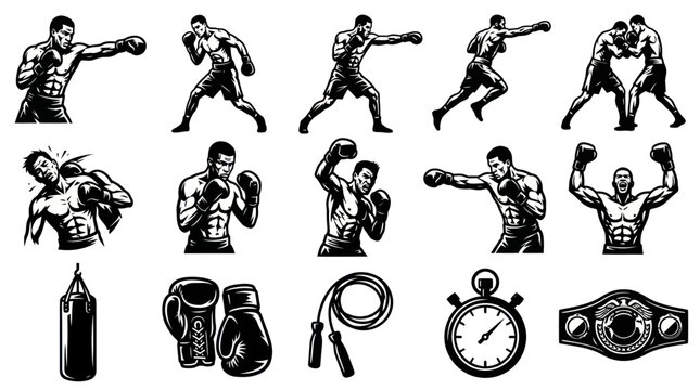 Monochromatic Boxing Sports Vector Illustrations Set with Boxers, Gloves  Equipment Icons