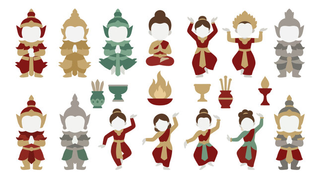 Flat Design Icons of Cambodian Culture: Apsara Dancers, Mythical Yaksha  Ritual Symbols