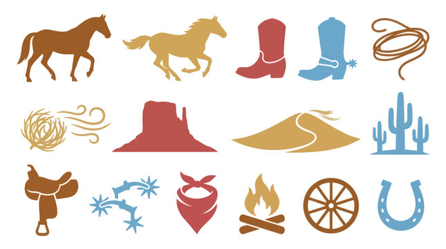 Flat Western Wild West Cowboy Icons Set - Desert Landscape, Horses, Boots, Lasso Symbols