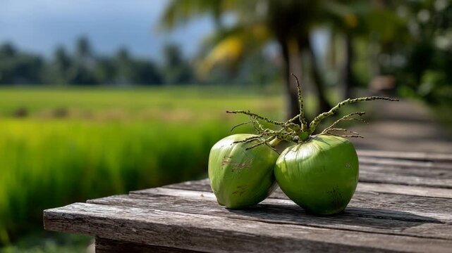 Coconuts on wooden surface with green field background