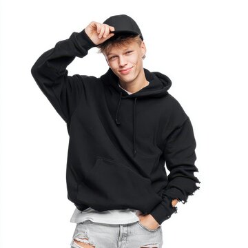 handsome gen Z boy wearing a black hoodie isolated on a white background