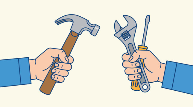Two hands extend towards each other, one holding a hammer and the other a wrench and screwdriver.