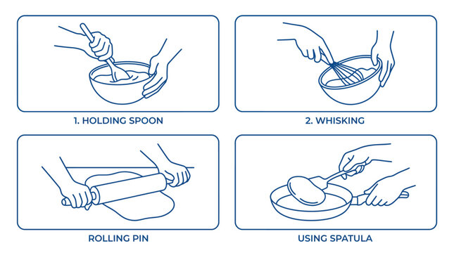 A set of line art illustrations show hands performing various cooking and baking tasks with utensils.