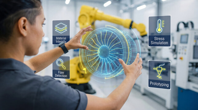 Female industrial engineer using holographic digital twin interface for aerospace turbine design, stress simulation and material integrity analysis in a smart industry 4.0 factory