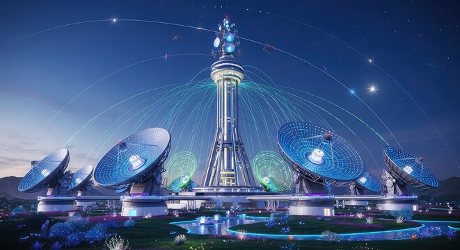 Futuristic satellite dish array at night with glowing blue lights and star trails in the dark sky