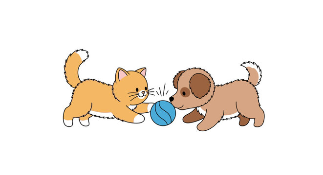 Cat and dog playing with ball.