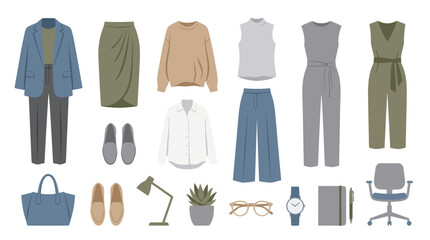 Fototapeta premium Women's Business Casual Wardrobe Flat Vector Illustration Set with Office Essentials