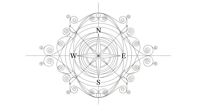 Vintage Compass Rose Illustration with Ornate Swirls and Directional Markers