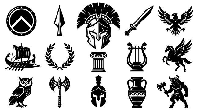 Greek Mythology Icons: Spartan Helmet, Warrior, Gods, Mythical Creatures