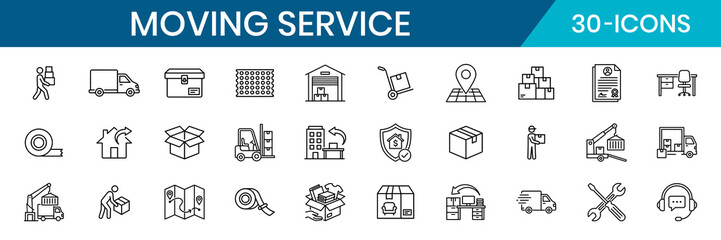 Moving Service Web Thin Line Icon Set Minimal Editable Stroke Truck Delivery Van Packing Box Sealed Box © Icon-Hut