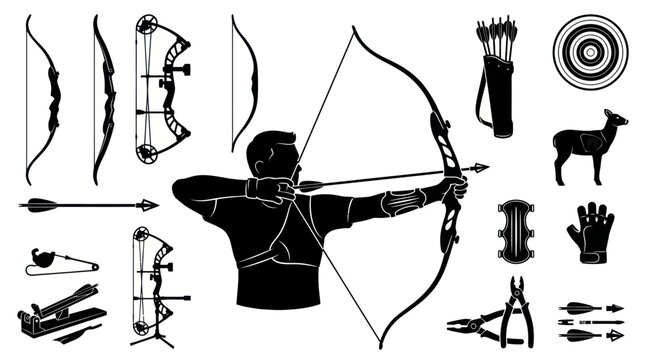Archery Bowhunting Equipment Black Silhouette Icons Set