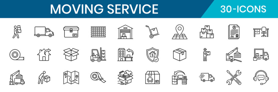 Moving Service Web Thin Line Icon Set Minimal Editable Stroke Truck Delivery Van Packing Box Sealed Box
