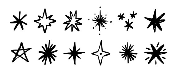 Black crayon hand drawn star collection. Grunge rough brush stroke shine element pack for collage, poster, sticker, label. Kid doodle spark and sparkle set. Vector wax pencil sketch asterisk bundle © vika_k