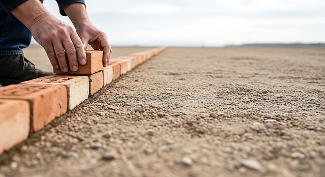 Hands laying a red brick building a foundation in a desert landscape