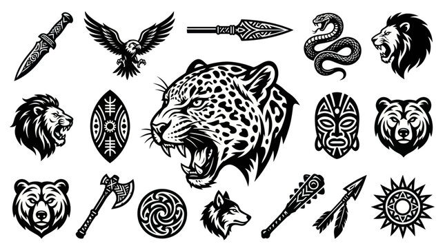 Tribal Wildlife and Indigenous Culture Black  White Vector Icons Set