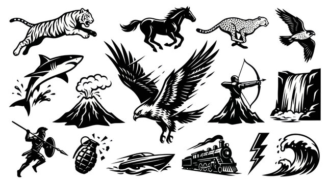 Monochrome Engraving Style Vector Set: Wild Animals, Nature, Speed, Power  Adventure Illustrations