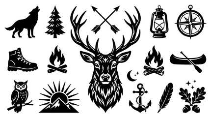 Fototapeta premium Black White Vector Icons of Deer, Wolf, and Outdoor Adventure Symbols
