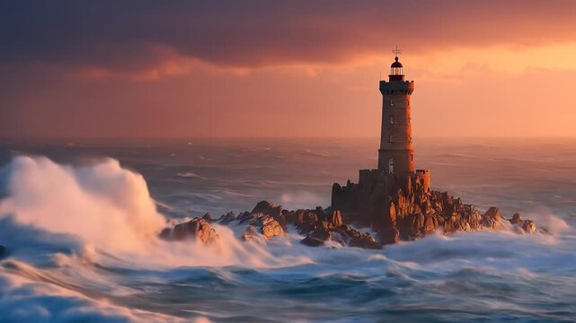 Dramatic lighthouse against stormy ocean waves at sunset