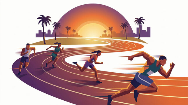 Athletes running on a race track at sunset
