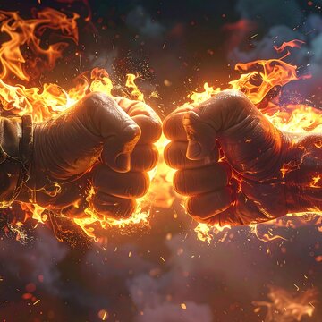 Close up of two clenched fists bumping, engulfed in flames against a smokey background. Intense orange and dark blue colors