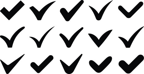 Black check mark icons set collection of tick symbols for approval validation checklist and user interface design © MSTALIFNUR