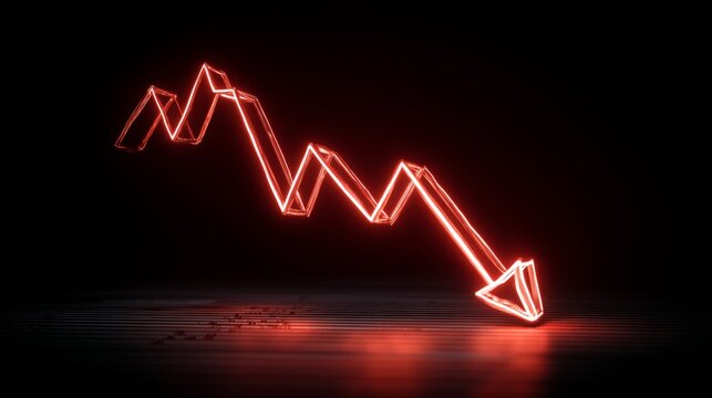 Neon red arrow down graphic symbolizing market decline, financial downturn, and negative trend with dark background and modern design aesthetic