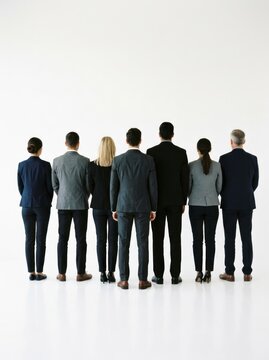 A group of seven business professionals stand back-to-back against a plain white background. They are all wearing dark suits and ties, creating a unified and formal appearance.