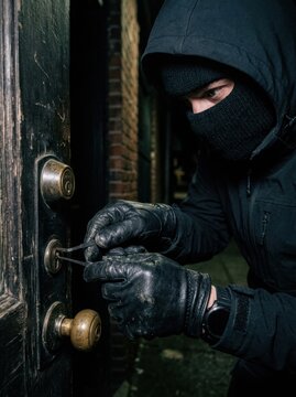 A masked individual wearing a black hooded jacket and gloves skillfully picks a lock on a dark wooden door. The person is intently focused on the task, using lock picks with precision.