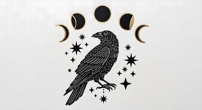 Illustration of a mystical crow with moon phases and stars on white background