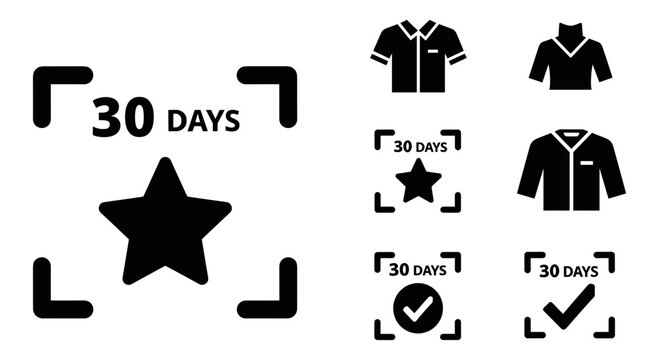 Return policy icon set, white background, solid black