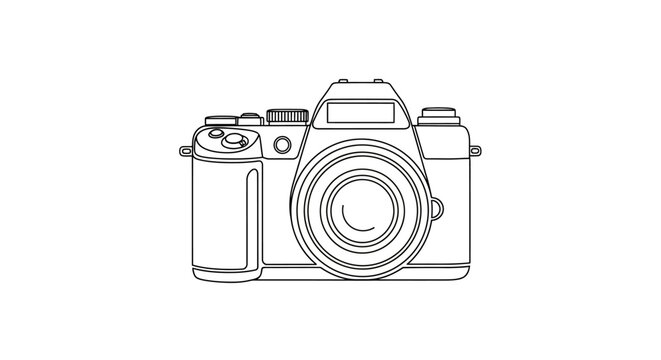 Minimalist DSLR camera line art icon, isolated on white background