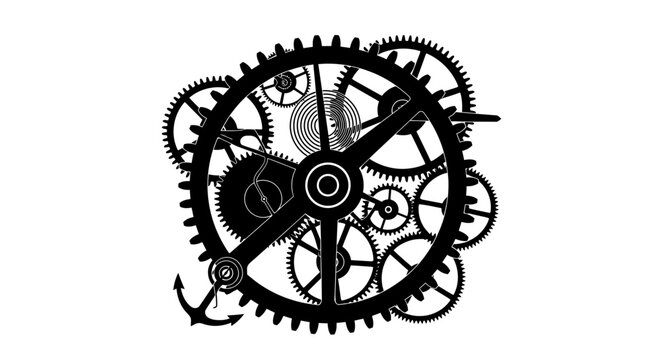 Complex gear mechanism silhouette on white background for design elements
