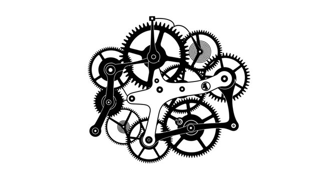 Complex clockwork mechanism illustration on white background symbolic concept
