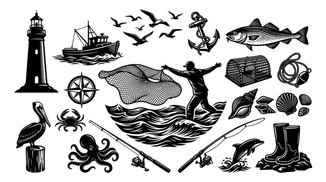 Vintage Black and White Maritime Fishing Elements Set Engraving Illustration
