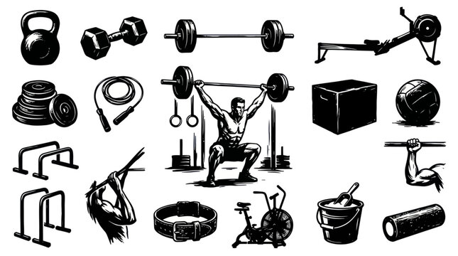 Fitness Gym Equipment Vector Icons Set Black White Art Style