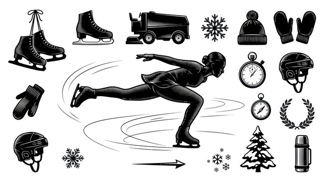 Ice Skating Sports and Winter Elements Black and White Vector Illustration